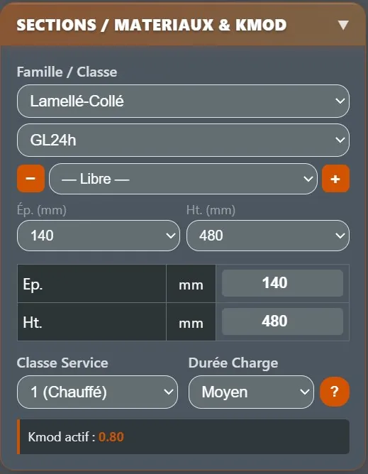 Sélection de la classe de service et de la durée de charge dans EC5 Poutre Express : lamellé-collé GL24h 140×480 mm, kmod actif 0,80