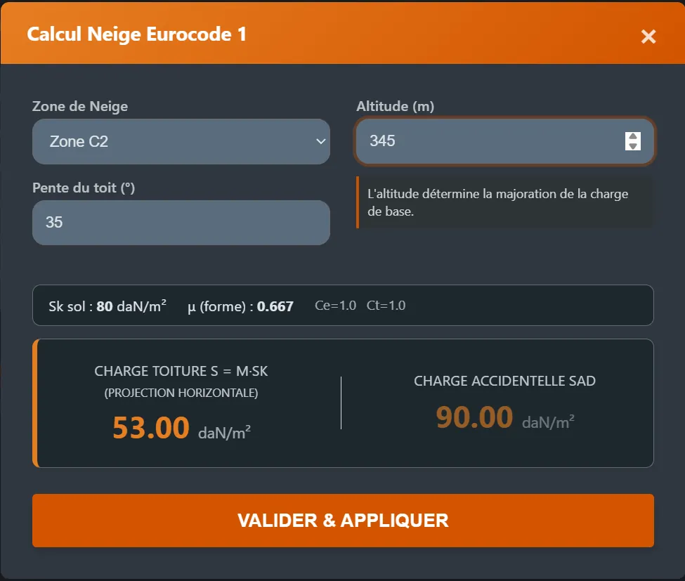 Module de calcul de neige Eurocode 1 dans EC5 Poutre Express : zone C2, altitude 345 m, pente 35°, charge toiture 53 daN/m² et charge accidentelle 90 daN/m²
